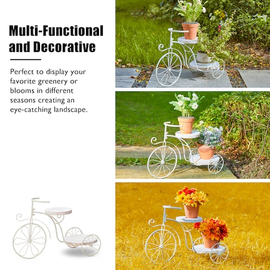 Glitzhome® 24" White Metal Tricycle Planter Stand with Solid Wood Tray
